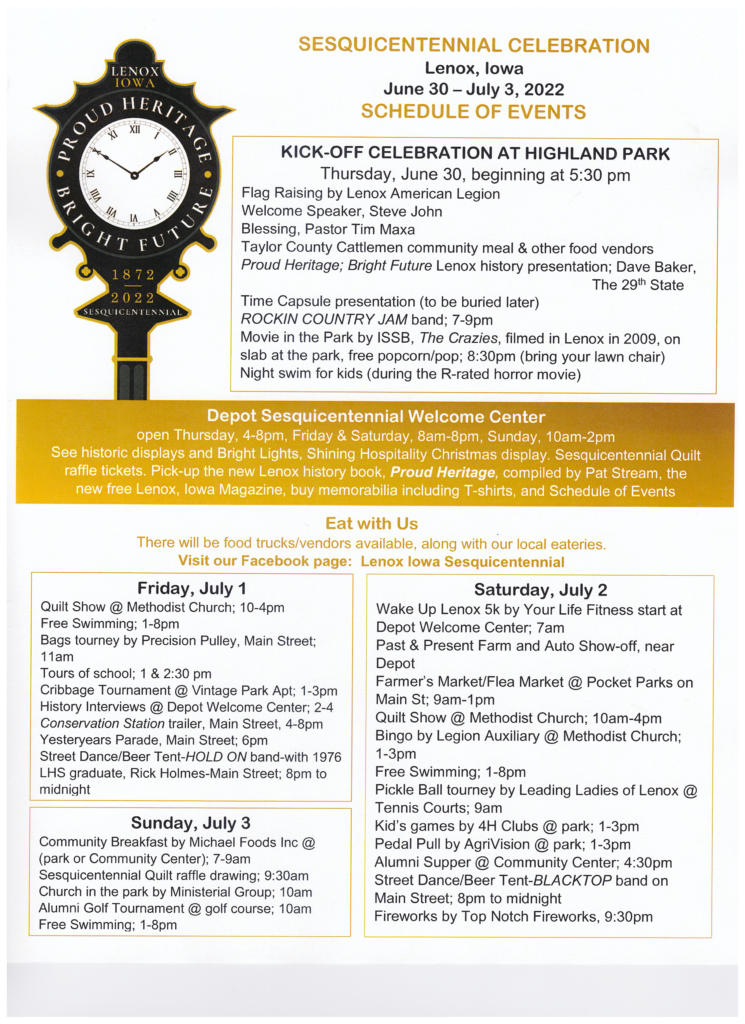 Lenox Iowa Sesquicentennial Celebration Flyer